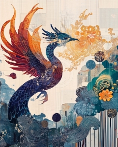 Pasare phoenix in nori albastri si flacari aurii
