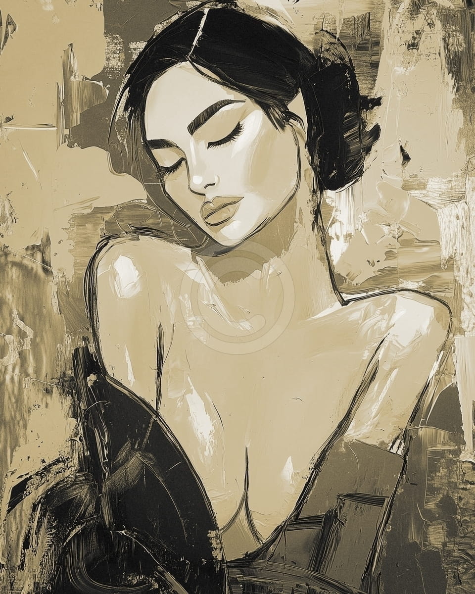 Tablou Femeie cu ochii inchisi, pictura abstracta in tonuri sepia