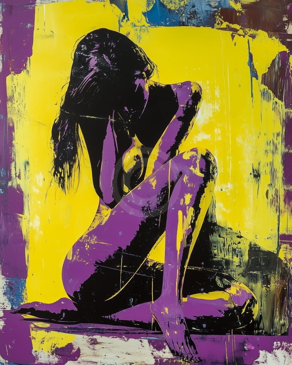 Tablou Silueta feminina in violet pe fundal galben