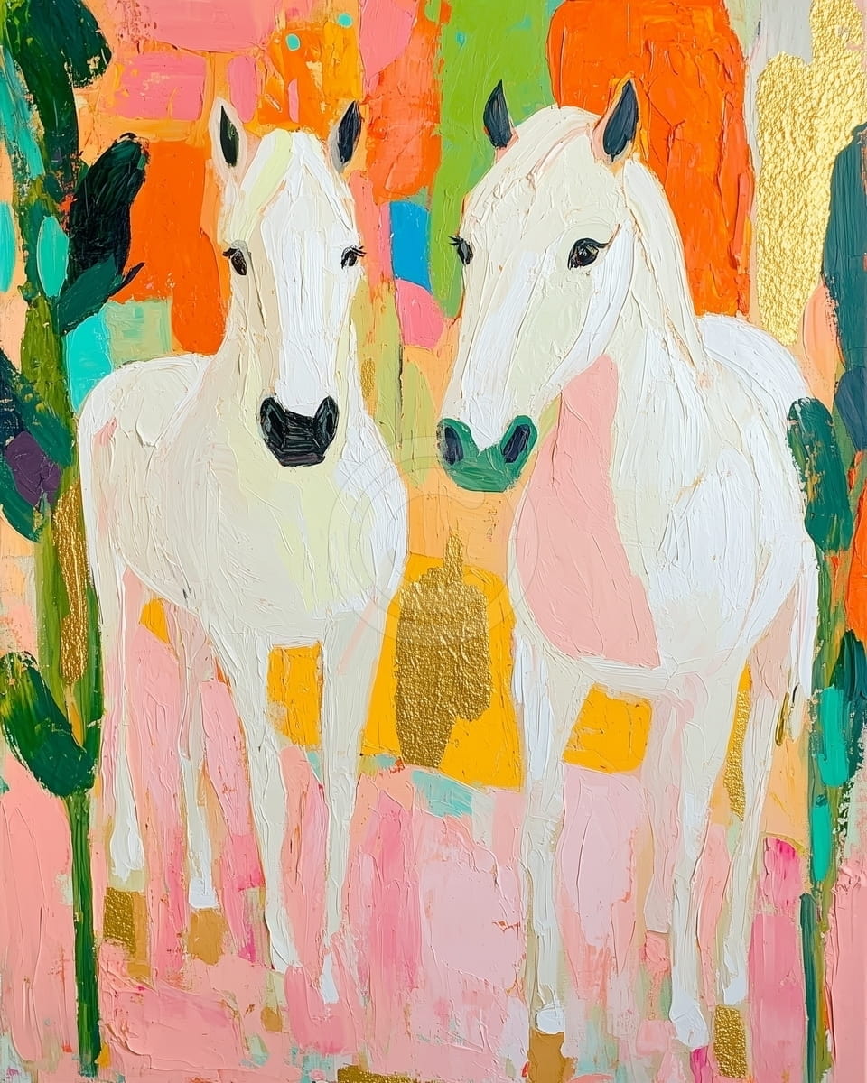 Tablou Doi cai albi pe fundal colorat