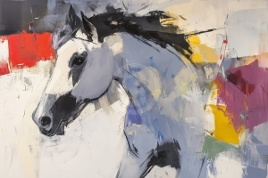 Cal alb in galop pe fundal abstract