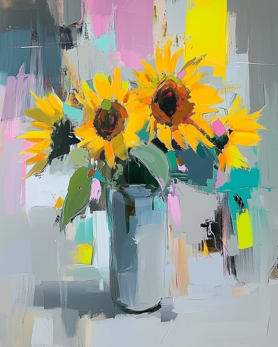 Tablou Trei flori de floarea-soarelui in vaza de sticla