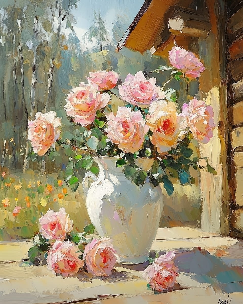 Tablou Trandafiri roz pe veranda rustica