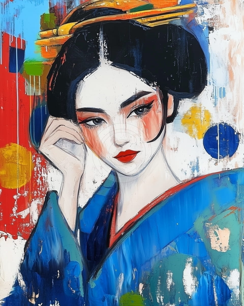 Tablou Femeie asiatica in kimono albastru