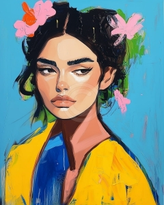 Femeie cu flori in par pe fundal albastru