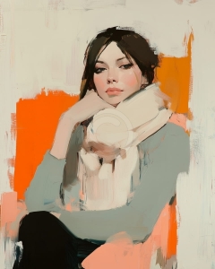 Femeie cu fular alb pe fundal portocaliu